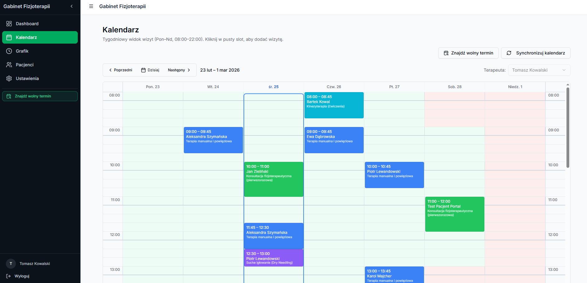 Niestandardowy kalendarz i grafik wizyt w systemie dla gabinetów fizjoterapeutycznych i psychoterapeutycznych